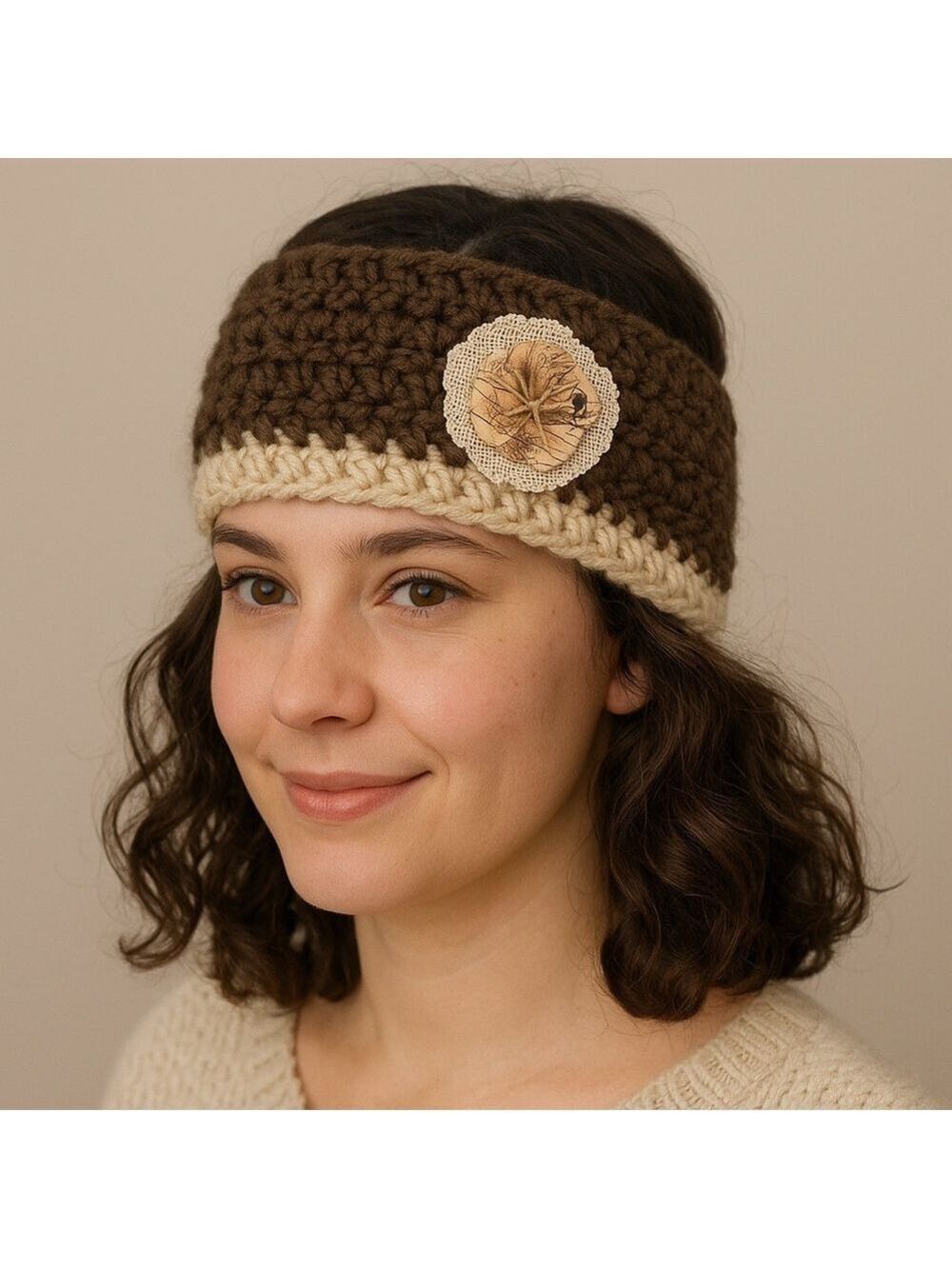 Handcrafted Crochet Brown & Cream Headband With Burlap Flower Accent